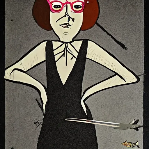 Image similar to A beautiful experimental art. She could have been bred from a shark and a hatchet. Black eyes, sharp features, lips so thin they might as well not have existed. Dexter's Lab by Gustave Van de Woestijne shadowy