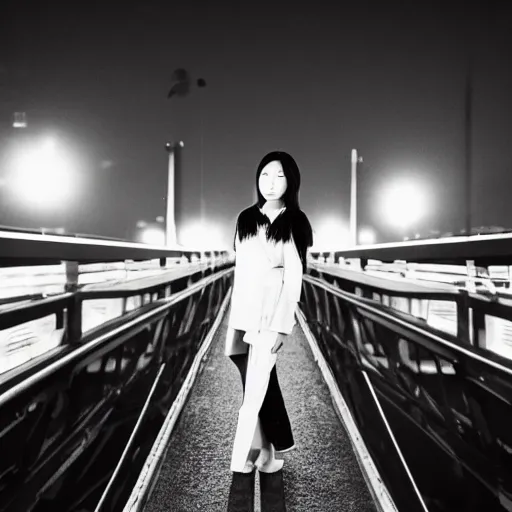 Image similar to black and white photo full shot of beautiful Japanese women with perfect eyes and simetrical face, standing on the bridge at night, shot by Akira Kurosawa perfect cinematic light, 8k, highl details, sharp focus