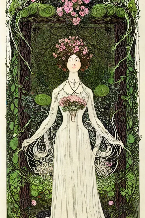 Image similar to centered detailed front view portrait of a victorian beautiful woman with ornate flowers growing around, inside a vine frame ornamentation, flowers, elegant, dark and gothic, full frame, art by kay nielsen and walter crane, illustration style, watercolor