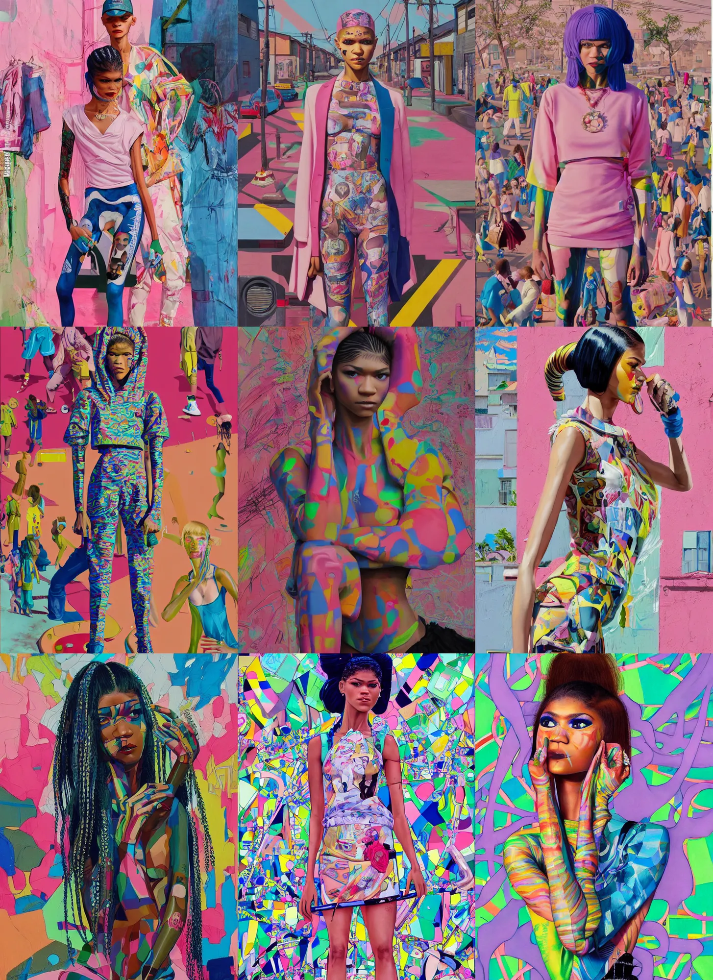 Prompt: still from music video of zendaya from die antwoord standing in a township street, street fashion clothing,! haute couture!, full figure painting by martine johanna, njideka akunyili crosby, rossdraws, pastel color palette, 2 4 mm lens