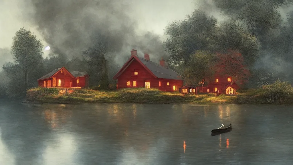 Prompt: small red wooden cottage by the lake, lanterns in the front of the cottage, smoke coming out of the chimney, dusk, birch trees, tranquility, two swans swimming in the lake, a rowing boat, by Greg Rutkowski, by Charlie Bowater
