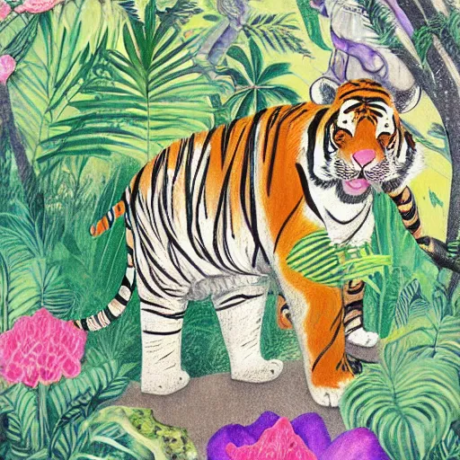 Image similar to detailed illustration, a tiger and elephant in the style of may gibbs, layered composition, layers, texture, textured, layered, sculpted, dynamic, jungle, tropical, 🌱, 🦋,
