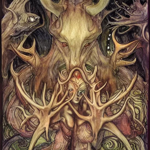 Image similar to a clothed monsterous scary inhuman group of unseelie with animal features including antlers by brian froud with art nouveau influence