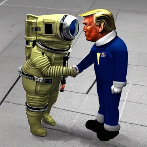 Prompt: cat astronaut shakes the hands with trump