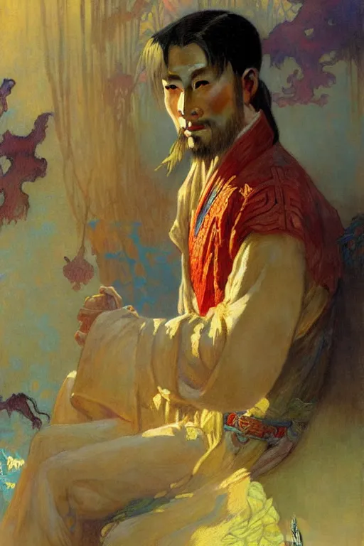 Prompt: attractive man, tang dynasty, cool colors, painting by gaston bussiere, craig mullins, greg rutkowski, alphonse mucha