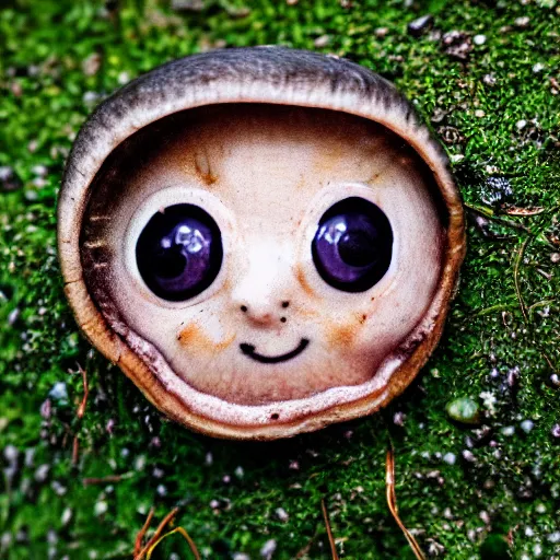 Prompt: macro photo with a mushroom character with cute eyes, drawn in detail