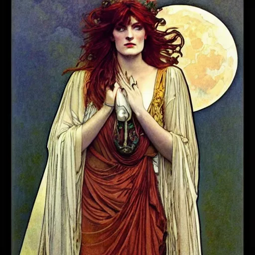 Image similar to florence welch portrait by louis - theophile hingre and alphonse mucha, realistic, sharp focus, zodiac signs, tarot cards, planets, ethereal, art nouveau, magic, moon, sun, crown, dreamy, royal, jewellery