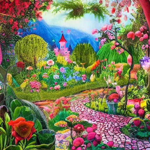 Prompt: a fairytale garden, painted by pablo amaringo