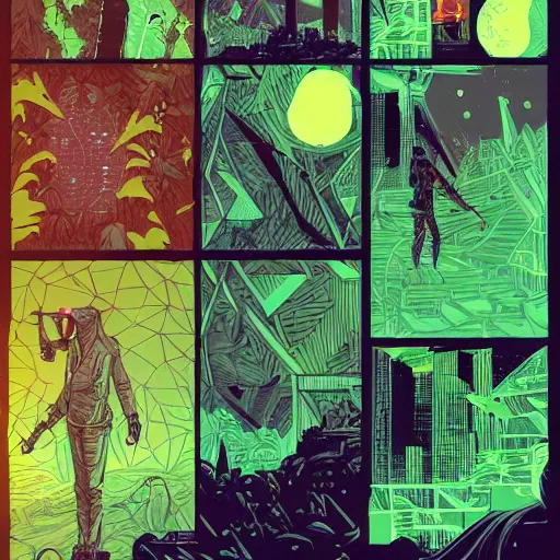 Image similar to Stunningly intricate illustration of single cyberpunk explorer overlooking lush forest, highly detailed, midnight, small glowing orbs by Josan Gonzalez and James Gilleard , Moebius, Laurie Greasley