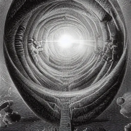 Prompt: Pop-surrealist portals to another dimension, space time imbalance, time machine, time dialtion, hyperspeed, high-quality, by Gustave Dore 4k