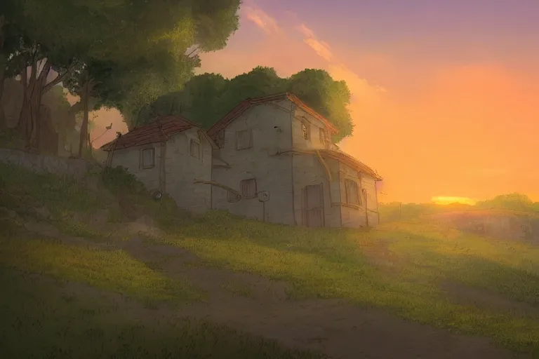 Prompt: tank firing at a building the shire at sunset in the style of ghibli, 8 k, artstation, award wining, rutkowski, shinkai