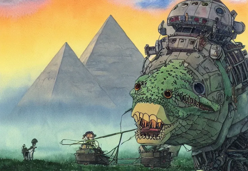 Prompt: a hyperrealist watercolor concept art from a studio ghibli film showing a giant mechanized crocodile from howl's moving castle ( 2 0 0 4 ). a pyramid is under construction in the background, in the rainforest on a misty and starry night. a ufo is in the sky. by studio ghibli