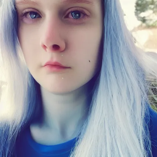 Image similar to a pale girl with wide blue eyes and blue hair, soft facial features, looking directly at the camera, neutral expression, instagram picture