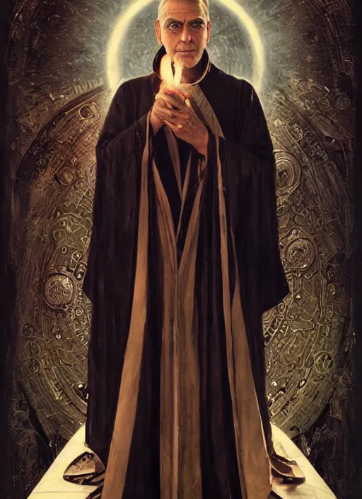 Prompt: george clooney as aleister crowley the grand mage of thelema. art by tom bagshaw and greg danton and manuel sanjulian