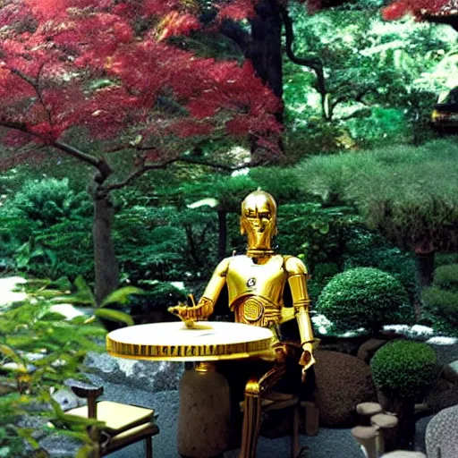 Prompt: C-3PO sitting at a bistro table in a lush japanese garden, still from star wars, shot on film