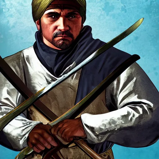 Image similar to Medieval swordsman, closeup, detailed, GTA V poster