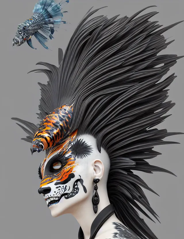 Image similar to 3 d goddess close - up profile simple portrait punk with mohawk with tiger skull. beautiful intricately detailed japanese crow kitsune mask and clasical japanese kimono. betta fish, jellyfish phoenix, bio luminescent, plasma, ice, water, wind, creature, artwork by tooth wu and wlop and beeple and greg rutkowski