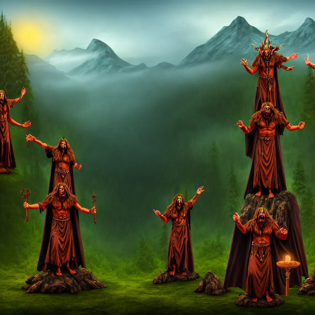 Image similar to evil druids performing a ritual around a wooden statue, mountain background, a detailed matte painting, fantasy, foggy