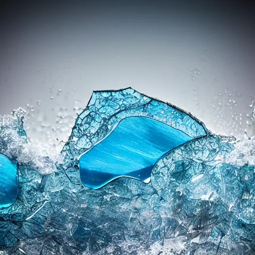 Prompt: ocean wave made of blue - toned shards of glass, three - dimensional, landscape photography, glass