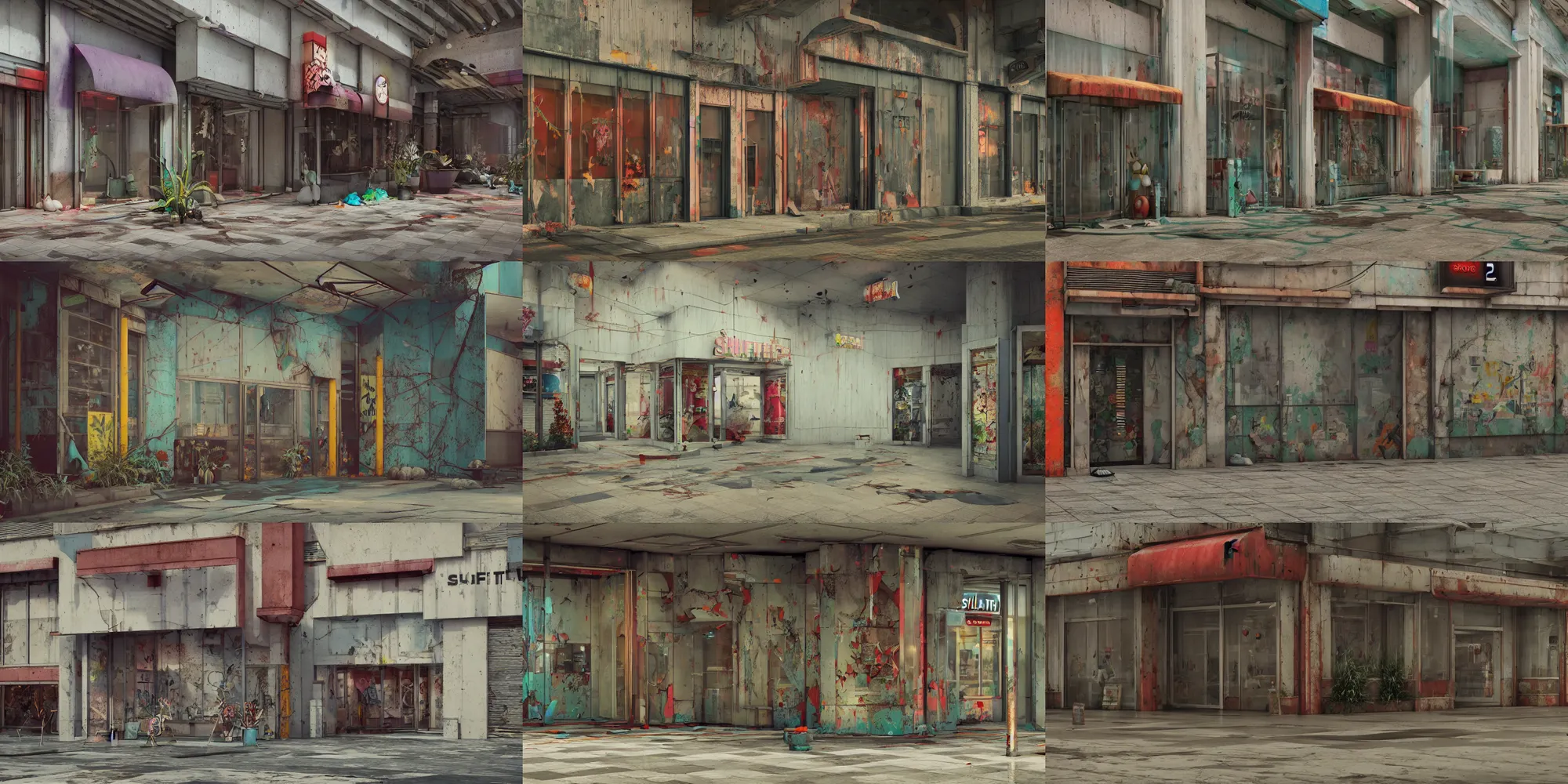 Prompt: shuttered mall shop, colorful details, painted metal, clean, overgrown, sci-fi, octane render, concept art, trending on artstation, H- 768