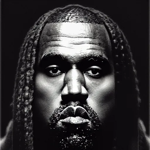 Image similar to a split lighting portrait of kanye west dressed as rick owens, black background, portrait by julia margaret cameron, shallow depth of field, 8 0 mm, f 1. 8