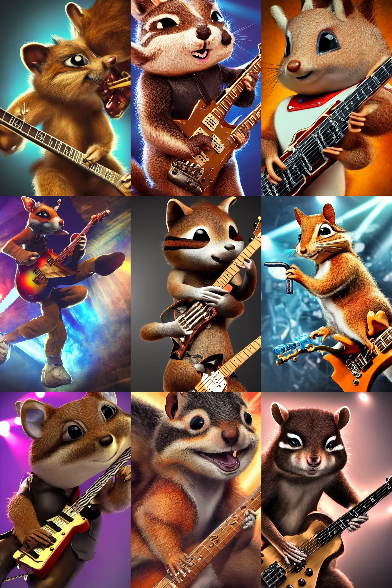 Prompt: a high detail shot of an Anthropomorphic chipmunk as a heavy metal guitarist, playing electric guitar, photorealism, volumetric lighting, epic lighting, hd