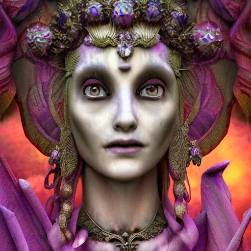 Image similar to a beautiful detailed 3d matte painting of female goddess of the dead, ominous, magical realism, texture, intricate, purple torn fabric, radiant colors, fantasy, trending on artstation, volumetric lighting, micro details, 3d sculpture, ray tracing