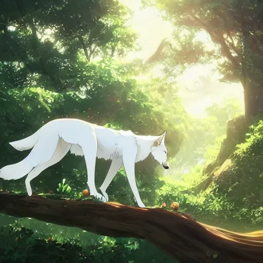 Image similar to highly detailed digital art of a magestic white wolf standing on an overgrown fallen tree trunk, lush surroundings, warm sunshine, kimi no na wa, trending on artstation, by makoto shinkai