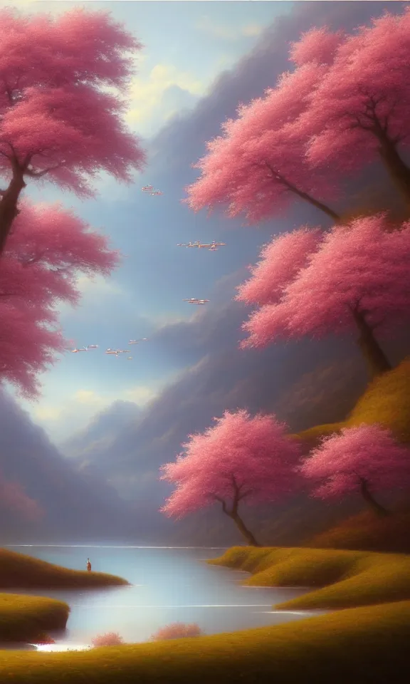 Image similar to a beautiful landscape matte painting of cherry trees with petals flying in the sky beside a river, by christophe vacher, trending on artstation