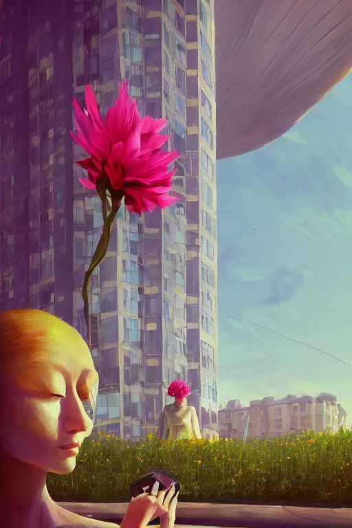 Image similar to closeup, huge flower as head, woman standing by tall modern windows, luxury apartment, surreal photography, sunlight, impressionist painting, digital painting, artstation, simon stalenhag