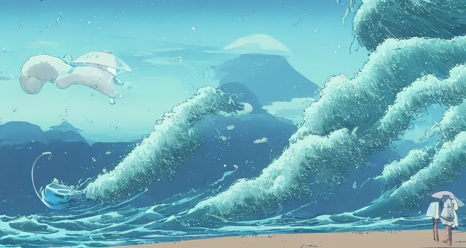 Image similar to A very beautiful serene coastal landscape scene with a GIANT MECHA JELLYFISH looming in the distance, bright sunny, the great wave of kanagawa, waves splashing on the beach, Hokusai, Translucent rendered by simon stålenhag, rendered by Beeple, Makoto Shinkai, syd meade, environment concept, digital art, starwars, unreal engine, 3 point perspective, WLOP, trending on artstation, low level, 4K UHD image, octane render,