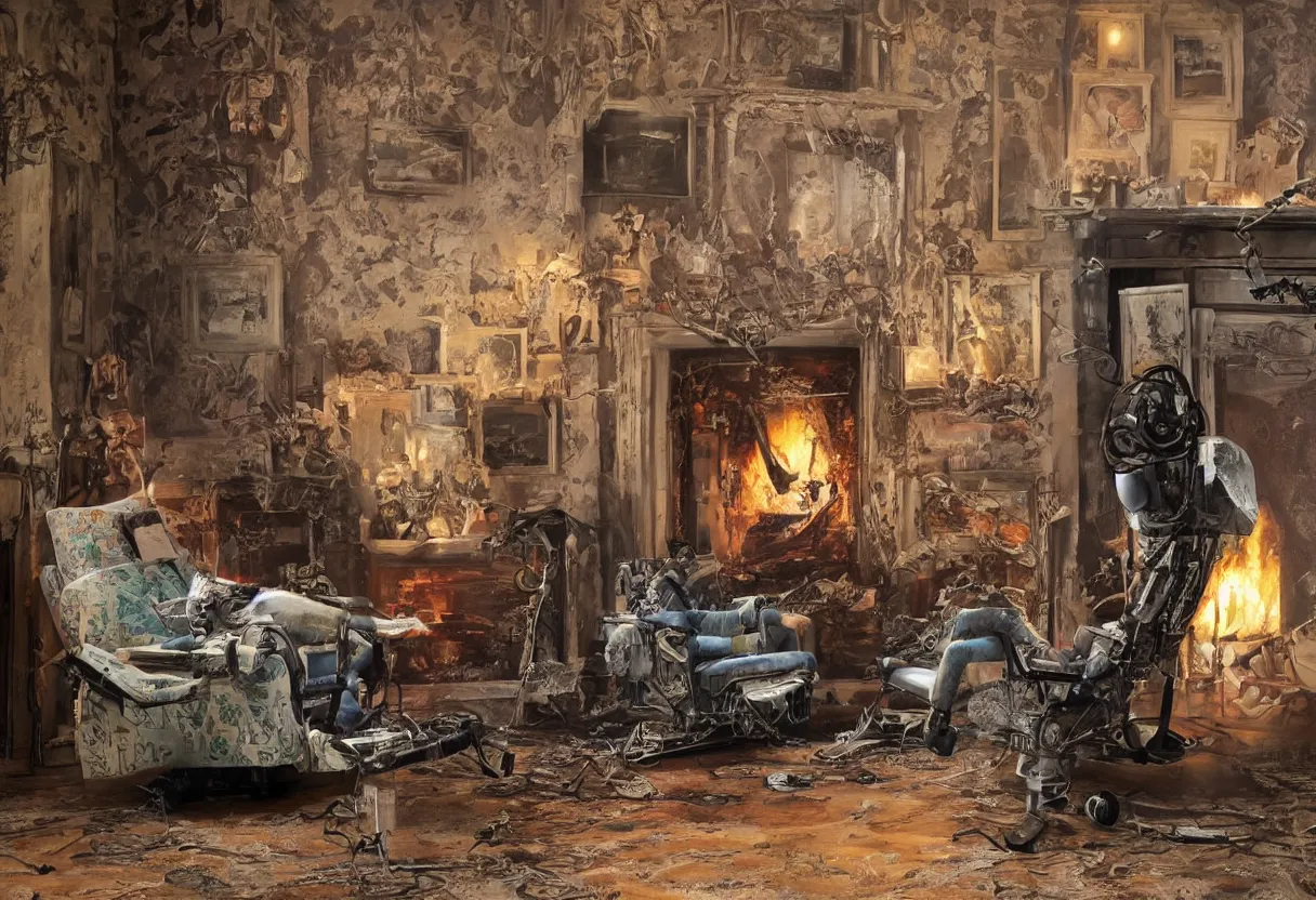 Image similar to Extreme close up photograph of a robot reclining on a tattered recliner in front of a single beautiful fireplace in a Victorian home, by Simon Stalenhag and Gregory Crewdson