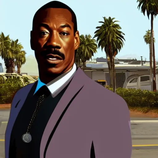 Image similar to Eddie Murphy in GTA V. Los Santos in the background, palm trees. In the art style of Stephen Bliss