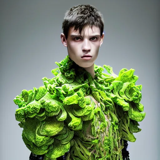 Image similar to a portrait of a beautiful young male wearing an alexander mcqueen armor made of algae , photographed by andrew thomas huang, artistic