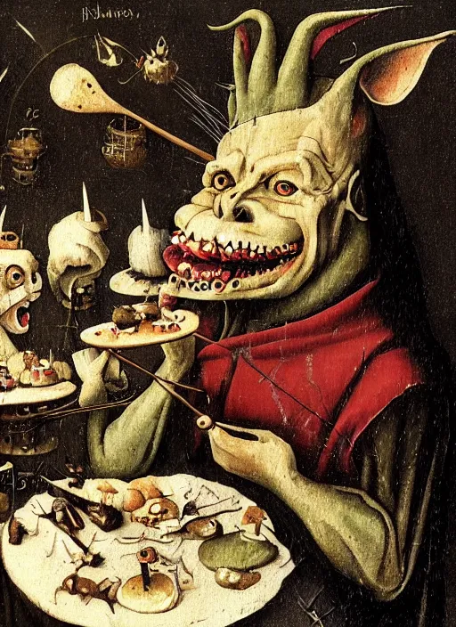 Image similar to medieval goblin eating cakes painted by hieronymus bosch, detailed digital art, trending on Artstation