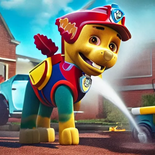 Image similar to marshall using a water hose to extinguish the burning paw patrol base, movie poster, intricate detail, 8 k, trending on artstation, octane render