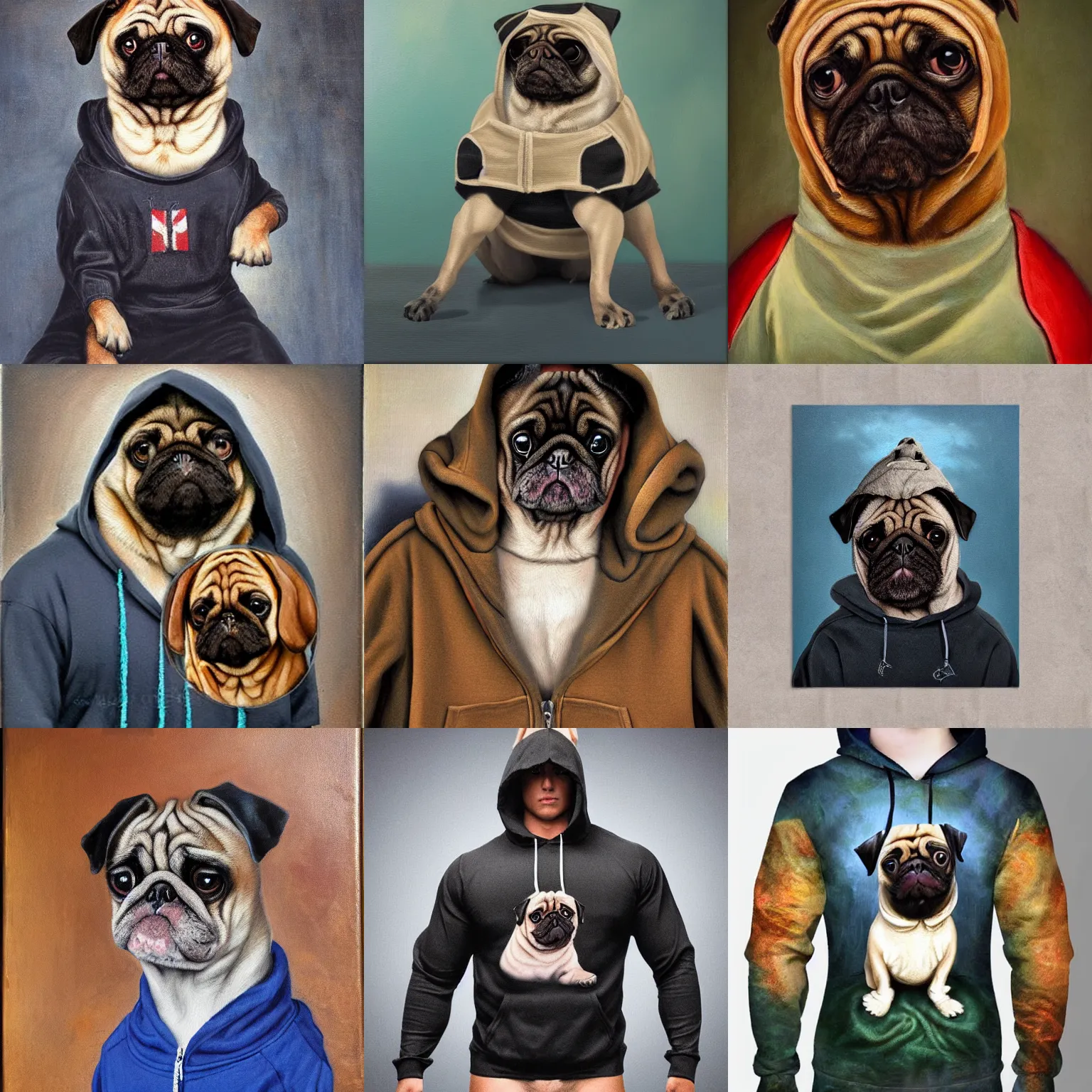 Prompt: dog pug as bodybuilder wearing hoodie portrait, heavy texture victorian oil painting