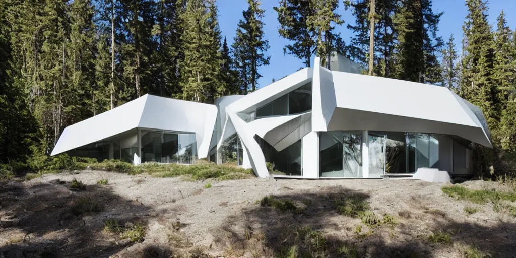 Prompt: large modern futuristic residence, pacific northwest, sunny, white concrete, large geodesic windows, long features, right angles