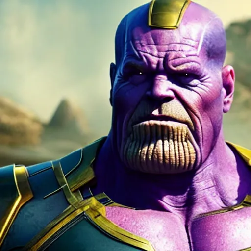 Image similar to Bryan Cranston as Thanos, HD promotional screenshot from new Avengers film, 8k ultra realistic, Marvel animation