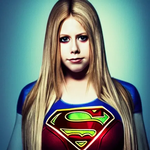 Prompt: Avril Lavigne as Supergirl, portrait photo, soft lighting