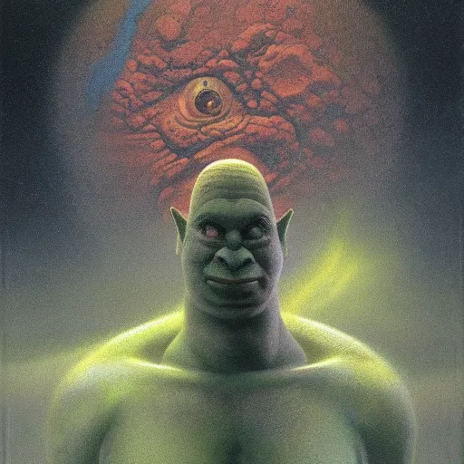 Image similar to the alien transcendent cosmic Shrek that awaits you at the end of all of space and time, by Gerald Brom and zdzisław beksiński