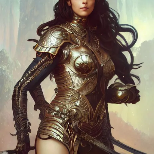 Image similar to fullbody portrait of a fantasy female warrior, intricate, elegant, highly detailed, digital painting, artstation, concept art, matte, sharp focus, illustration, art by Artgerm and Greg Rutkowski and Alphonse Mucha