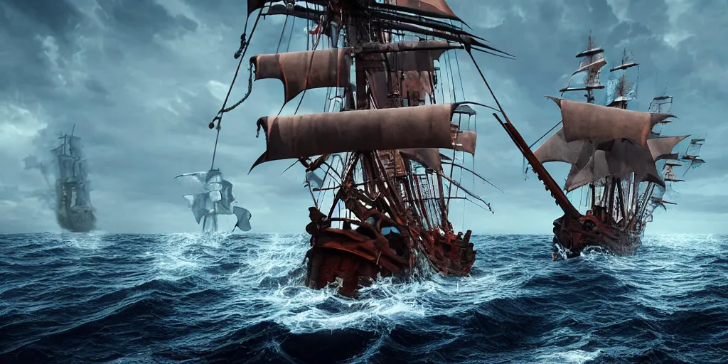 Image similar to pirate ship sailing on rough seas, giant squid 🦑 attacking pirate ship, photorealistic illustration, high quality render, 8 k resolution, octane render