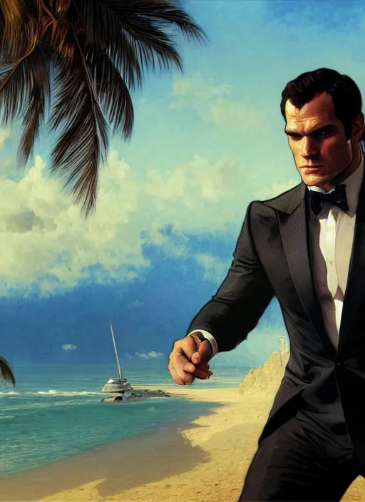 Prompt: portrait of henry cavill as james bond, casino, key art, sprinting, palm trees, highly detailed, digital painting, artstation, concept art, cinematic lighting, sharp focus, illustration, by gaston bussiere alphonse mucha