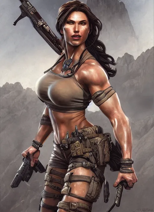 Image similar to muscled Lara Croft grinning as a ruggedly handsome heroine, intricate, elegant, highly detailed, centered, artstation, concept art, smooth, sharp focus, illustration, bokeh art by artgerm and donato giancola and Joseph Christian Leyendecker, WLOP