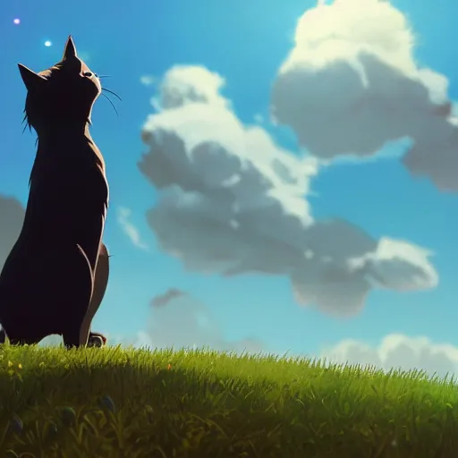 Prompt: a wholesome animation key shot of a black cat! looking a biplane! in the sky, medium shot, studio ghibli, pixar and disney animation, sharp, rendered in unreal engine 5, anime key art by greg rutkowski, bloom, dramatic lighting