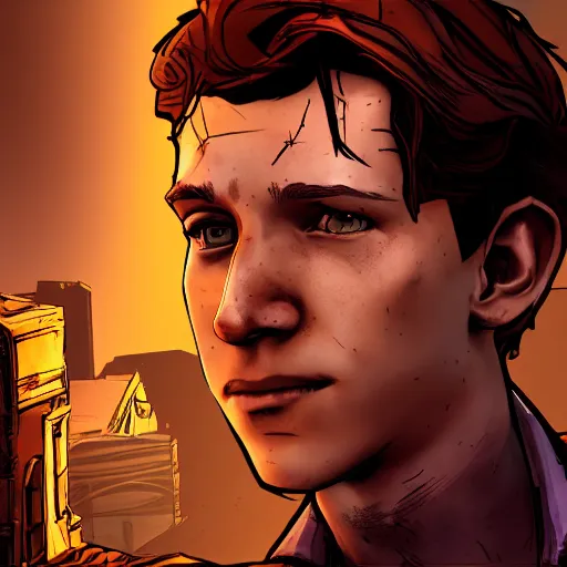 Image similar to tom holland portrait, borderlands, tales from the borderlands, the wolf among us, comic, cinematic lighting, studio quality, 8 k