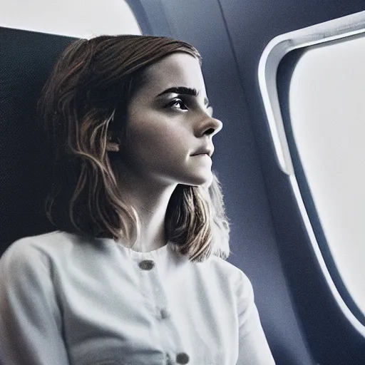 Image similar to emma watson, inside airplane, film still, fujifilm reala, low tonal contrast,