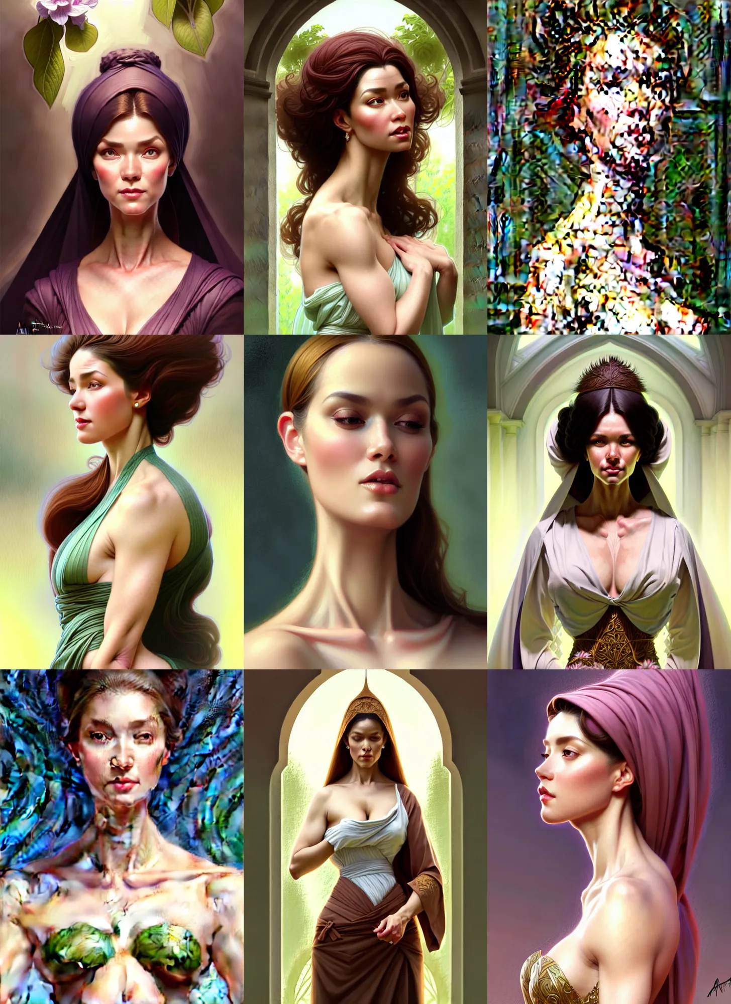 Image similar to character concept portrait of me as modest wife blessed by god to grow ever - more intelligent beautiful voluminous muscular tall healthy and alive. modestly clothed, in garden, intricate, elegant, highly detailed, digital painting, artstation, concept art, symmetry, smooth, sharp focus, illustration, art by artgerm and rutkowski and mucha