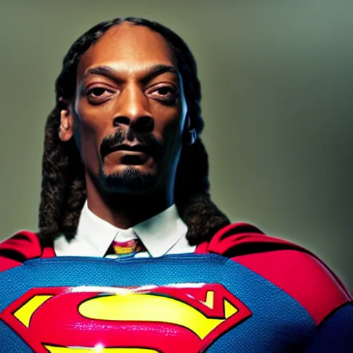 Image similar to snoop dogg as superman, movie still, photograph, high quality, 4K